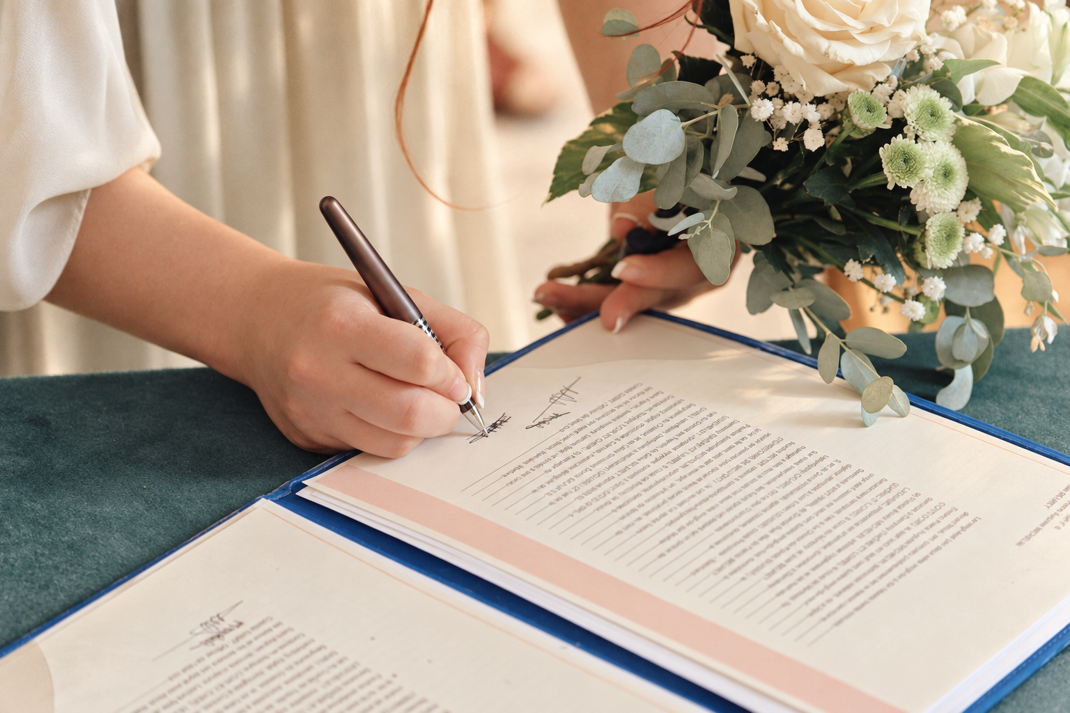 Signature des mariés auprès d’un bouquet