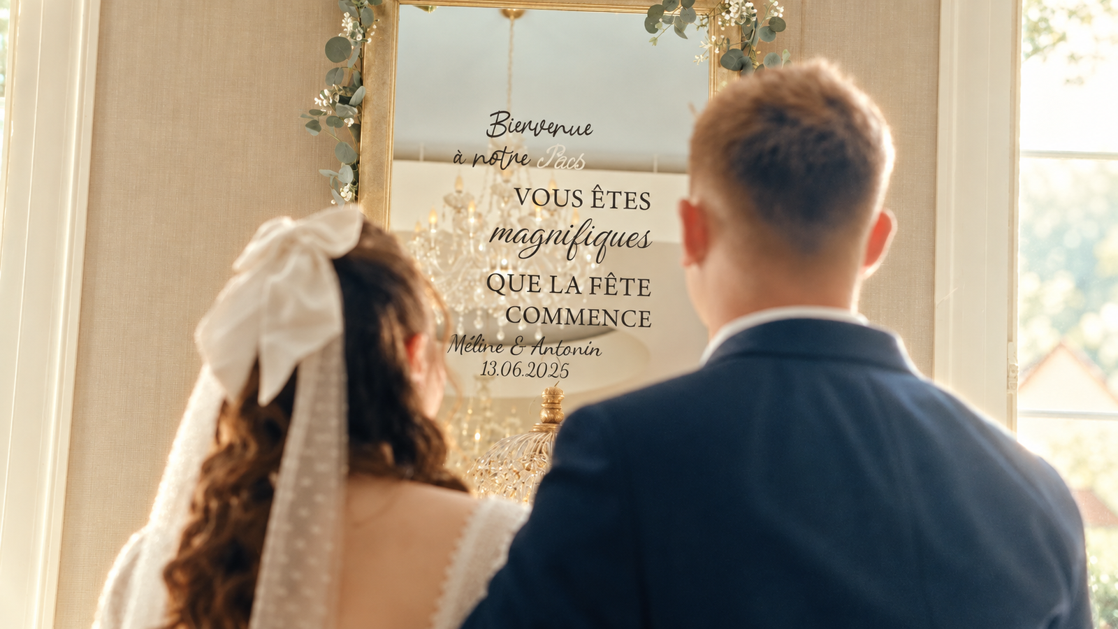 Mariés devant leur miroir de bienvenue